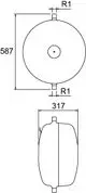 Rundes Druckausdehnungsgefäß von IMI Hydronic Engineering, Ansicht von vorne und von der Seite, Maße und Anschlussstellen sind schematisch dargestellt.